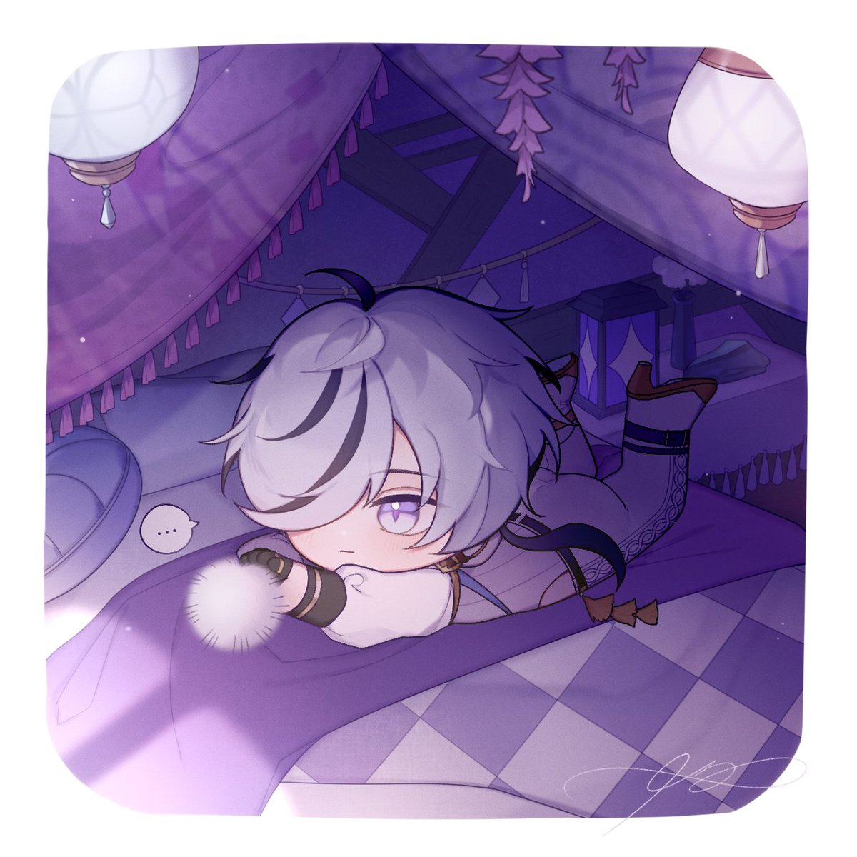 1boy male focus chibi purple eyes hair over one eye solo on stomach  illustration images