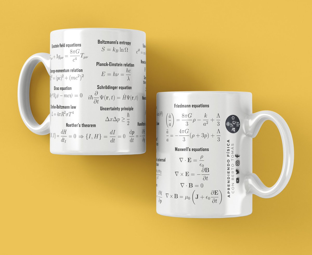af_bertotomas's tweet photo. Aprovechando la competición organizada por @Perimeter #physicsfrenzy 2022 que nos recordaba hoy @fqmente vamos a sortear 2 tazas como esta, en la que aparecen las 16 ecuaciones participantes. 

Si quieres participar RT y MG. Teneis hasta el martes 12/04/2022 a las 21:00 h. https://t.co/qqnB7M5zVx
