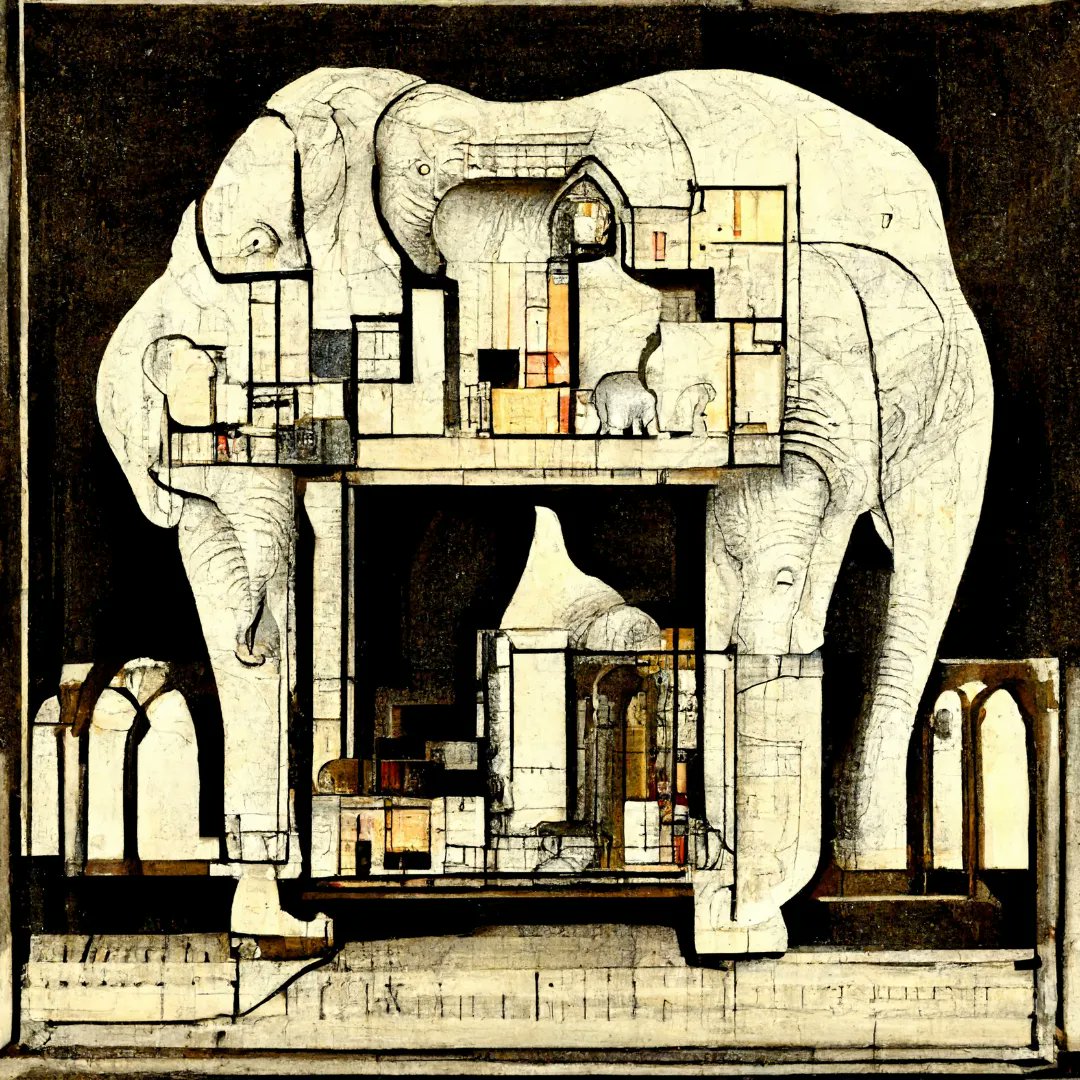 introspect0r's tweet image. The elephant in the room, or the room in the elephant. Variations on  Charles-François Ribart by @midjourney bot 

#ai #architecture #paperarchitecture #elephant #drawing #postdigital