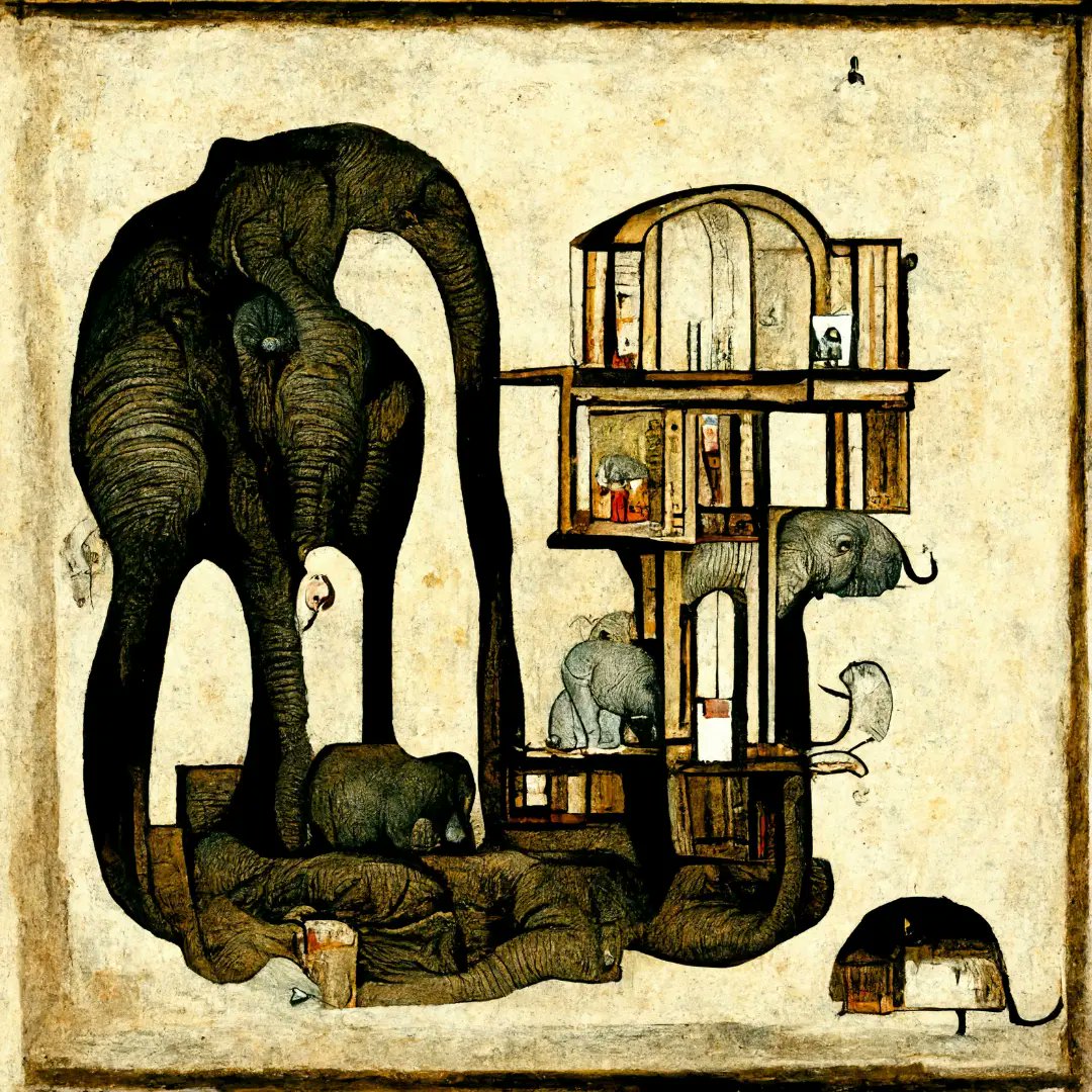 introspect0r's tweet image. The elephant in the room, or the room in the elephant. Variations on  Charles-François Ribart by @midjourney bot 

#ai #architecture #paperarchitecture #elephant #drawing #postdigital