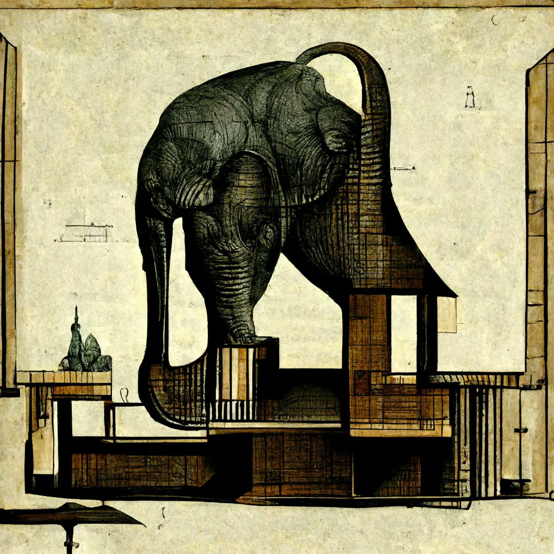 introspect0r's tweet image. The elephant in the room, or the room in the elephant. Variations on  Charles-François Ribart by @midjourney bot 

#ai #architecture #paperarchitecture #elephant #drawing #postdigital