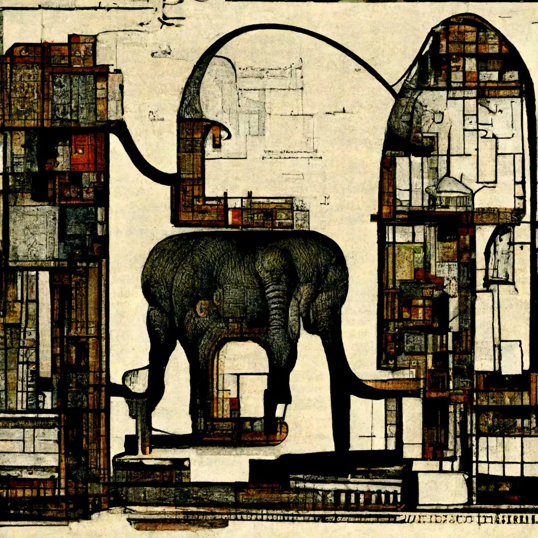 introspect0r's tweet image. The elephant in the room, or the room in the elephant. Variations on  Charles-François Ribart by @midjourney bot 

#ai #architecture #paperarchitecture #elephant #drawing #postdigital