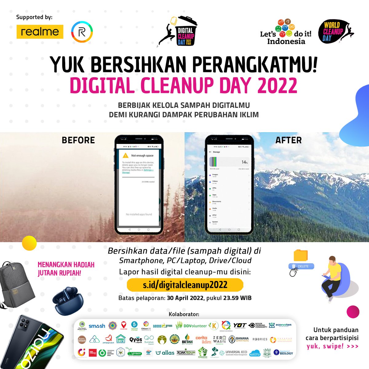 wcdindonesia's tweet photo. Digital Waste is hurting our planet! Join Digital Cleanup Day 2022 right now!

Lapor aksimu di https://t.co/f8etky1ucs
Batas lapor: 30 April 2022, pukul 23:59 WIB 

Informasi lengkap cek: https://t.co/ZACn39OZDc

#kami13juta #worldcleanupday #digitalcleanupday #digitalcleanup https://t.co/Anz53xqp6n