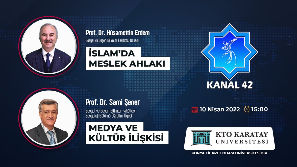 Sosyal ve Beşeri Bilimler Fakültesi Dekanımız Prof. Dr. Hüsamettin Erdem ❝İslam’da Meslek Ahlakı❞; Sosyoloji Bölümü akademisyenlerimizden Prof. Dr. Sami Şener ❝Medya ve Kültür İlişkisi❞ konularını Kanal 42 ekranlarında değerlendirecektir.