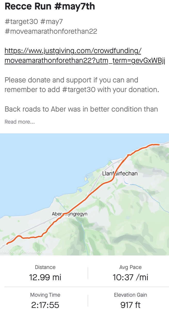 CREADCyf's tweet photo. Recce Run - Training Run this morning. On May 7th I will be running from Llandygai to St.Asaph raising funds for @ethan_move 

https://t.co/354n93pnLR

Please retweet, donate, support if you can. Remember to add #target30 with your donation 👍 
#moveamarathonforethan22 https://t.co/MwkFkcP3jN