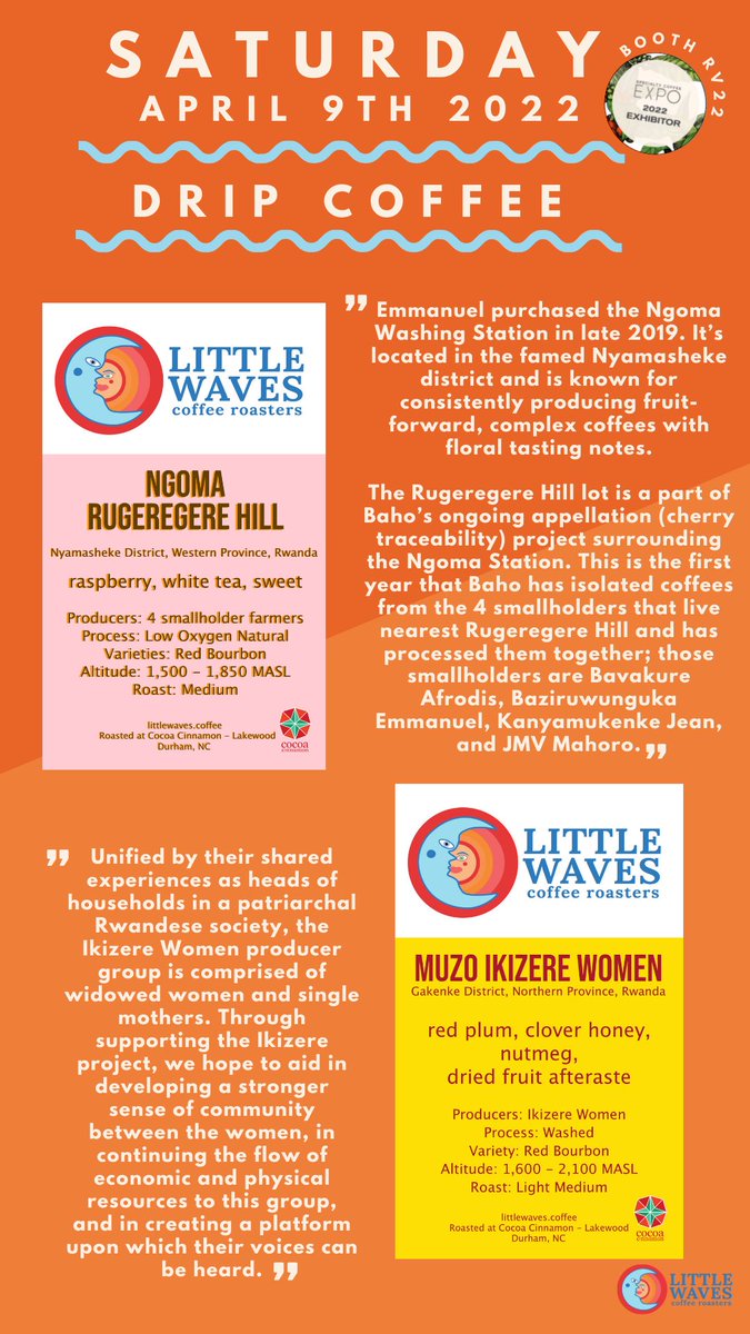 LittleWavesCR's tweet photo. Come visit us at our booth &amp; guest features today at #scaexpo! We’ll be @GH_GBS w/ #café1959 Mesa Alta low oxygen, @JNPcoffee w/ Bavyeyi Natural Burundi, &amp; 3 Rwanda coffees - 1 women produced - from #bahocoffee #sundogcoffeetradimg at RV22 #scaexpo22 @SCA_US #roasteroftheyear https://t.co/52thaSJJjy
