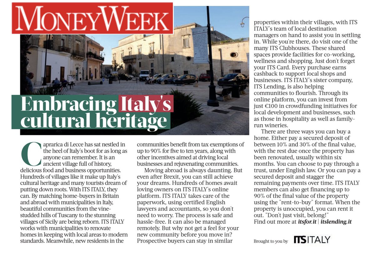 ITSforItaly's tweet photo. ITS ITALY and @ItsLending on Money Week - out now.
Embrace Italy's cultural heritage.

#Lecce #Salento #Italy #borghi #crowdfunding #property #investments #sustainability https://t.co/flZy9lhLpH