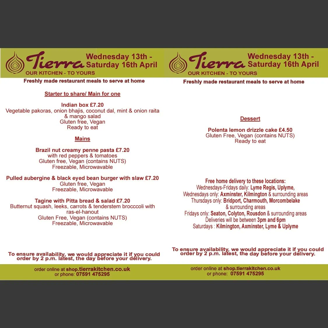 TierraKitchen's tweet photo. Here’s our menu for next week, available to preorder now at https://t.co/3mteXWErci for free delivery from Wednesday to Saturday! https://t.co/9DnjlGq6jH