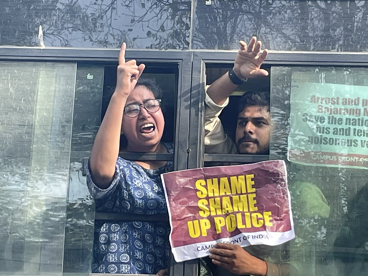 CampusFrontInd's tweet photo. Campus Front of India conducted Protest along with other Organisation demanding #ArrestBajarangMuni in UP Bhavan Delhi. 
@aisa_delhi @Fraternity_movt https://t.co/RmQEQN7MIh