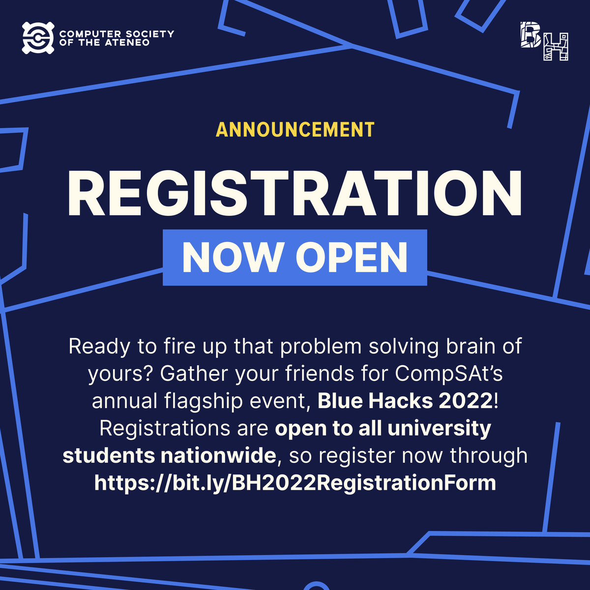 CompSAt's tweet photo. Interested in creating something new through code? 👀 Register now for Blue Hacks 2022! Registrations are open to university students nationwide. Those interested in participating in this event can sign up now at https://t.co/HtzROV8vGQ📋 You have until 24 April 2022 at 11:59 PM! https://t.co/nZkeVgmdmM