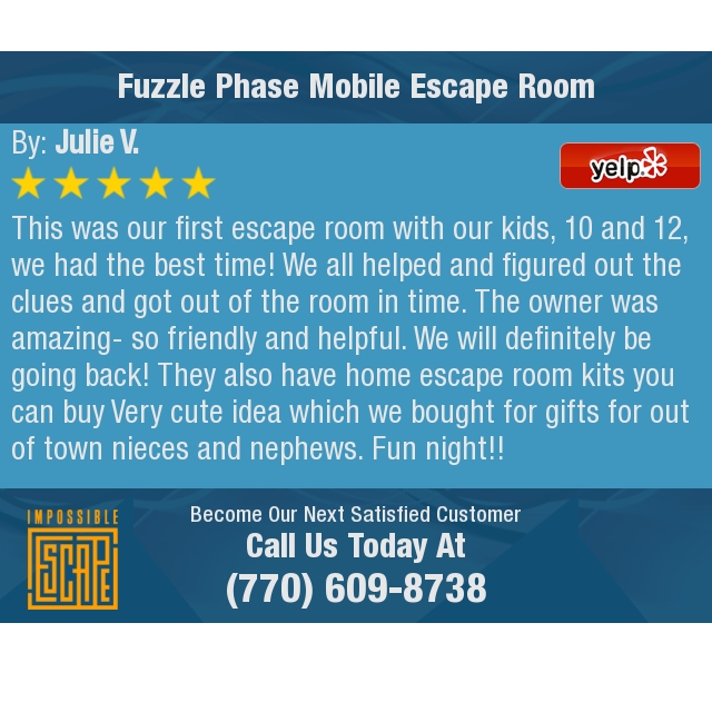 EscapeNorcross's tweet photo. 5 Star: Julie V. "This was our first escape room with our kids, 10 and 12, we had the best time! We all helped..." https://t.co/v1UGKkTB81 https://t.co/5ITCYnRjuW