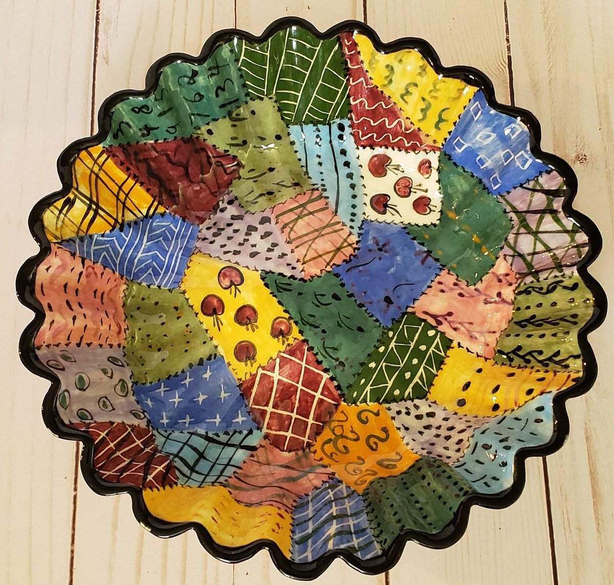 atticesoterica's tweet photo. Vintage Artist Signed Patchwork Hand Painted Ceramic Bowl Apples Geometric Shapes Red Blue Pink Purple Yellow Green Scalloped Edge https://t.co/6WdWQssXlc #BestOffer #Collectibles #Etsy #AtticEsoterica #Antiques #Vintage #Curios #Geometeric https://t.co/vP0HrXEn8j