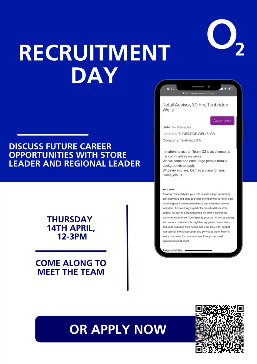 O2Careers's tweet image. Come along on Thursday 14th, to discuss career opportunities at our Tunbridge Wells store. Or use the link below to apply now. #WhyO2

➡️ - tiny.cc/o2-tunbridgewe…