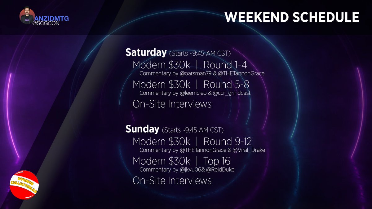 Here's my schedule for #SCGCON Dallas! Features are <a href="/Aspiringspike/">Aspiringspike</a> and <a href="/IvanPabloMTG/">Ivan Espinosa</a>! We'll kick off the show with <a href="/oarsman79/">Joe Lossett</a> and <a href="/THETannonGrace/">Tannon Grace</a> in the morning and close out with <a href="/CCR_Grindcast/">CCR</a> and @leemcleo in the afternoon. Come hang out at 945am CST at twitch.tv/anzidmtg