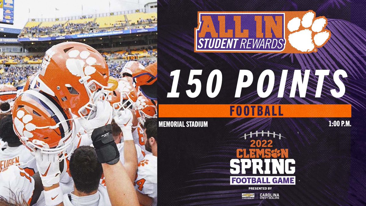 AllInRewards's tweet image. Nothing better than a Saturday in DEATH VALLEY🐅 

2022 Spring Game 
🟠vs⚪️ 
📍 1:00pm 

FREE admission for all Clemson fans!  #CUthere
