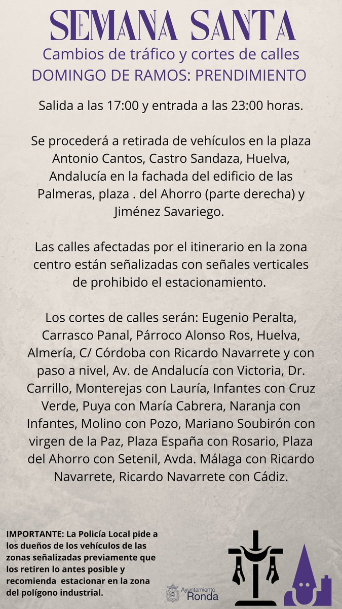 AytoRonda's tweet photo. ⚠️AVISO IMPORTANTE⚠️ Por favor, pinchad en las imágenes para ver los cambios de tráfico y zonas de estacionamiento afectadas por las procesiones.
#RondaMásUnidaQueNunca #SemanaSanta #Ronda https://t.co/fpYEIsbgK9