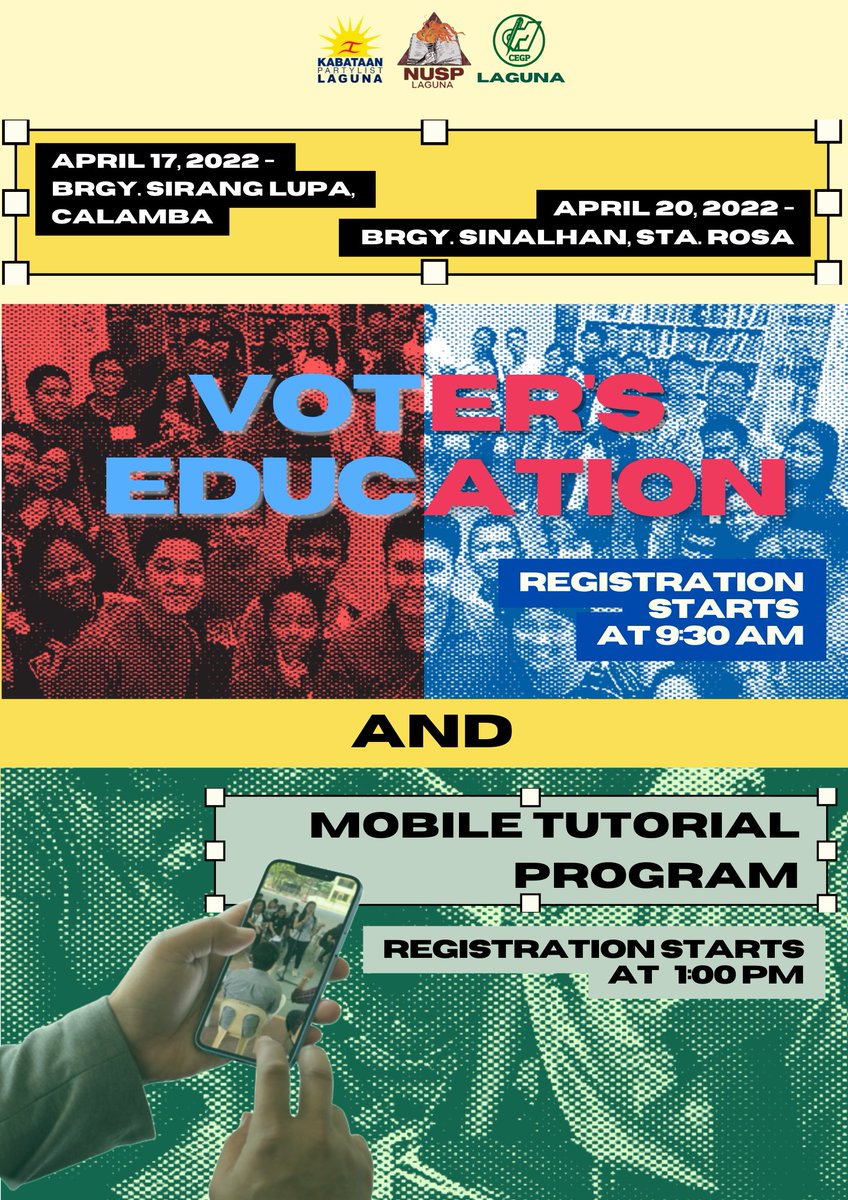 KabataanLaguna's tweet photo. Kabataan, handa na ba kayo?

Gaganapin ang Voter’s Educational Discussion at Mobile Teaching Program sa darating na Abril 17 sa Brgy. Sirang Lupa, Calamba City at Abril 20 naman sa Brgy. Sinalhan, Sta. Rosa City. https://t.co/YwpqB3huF7