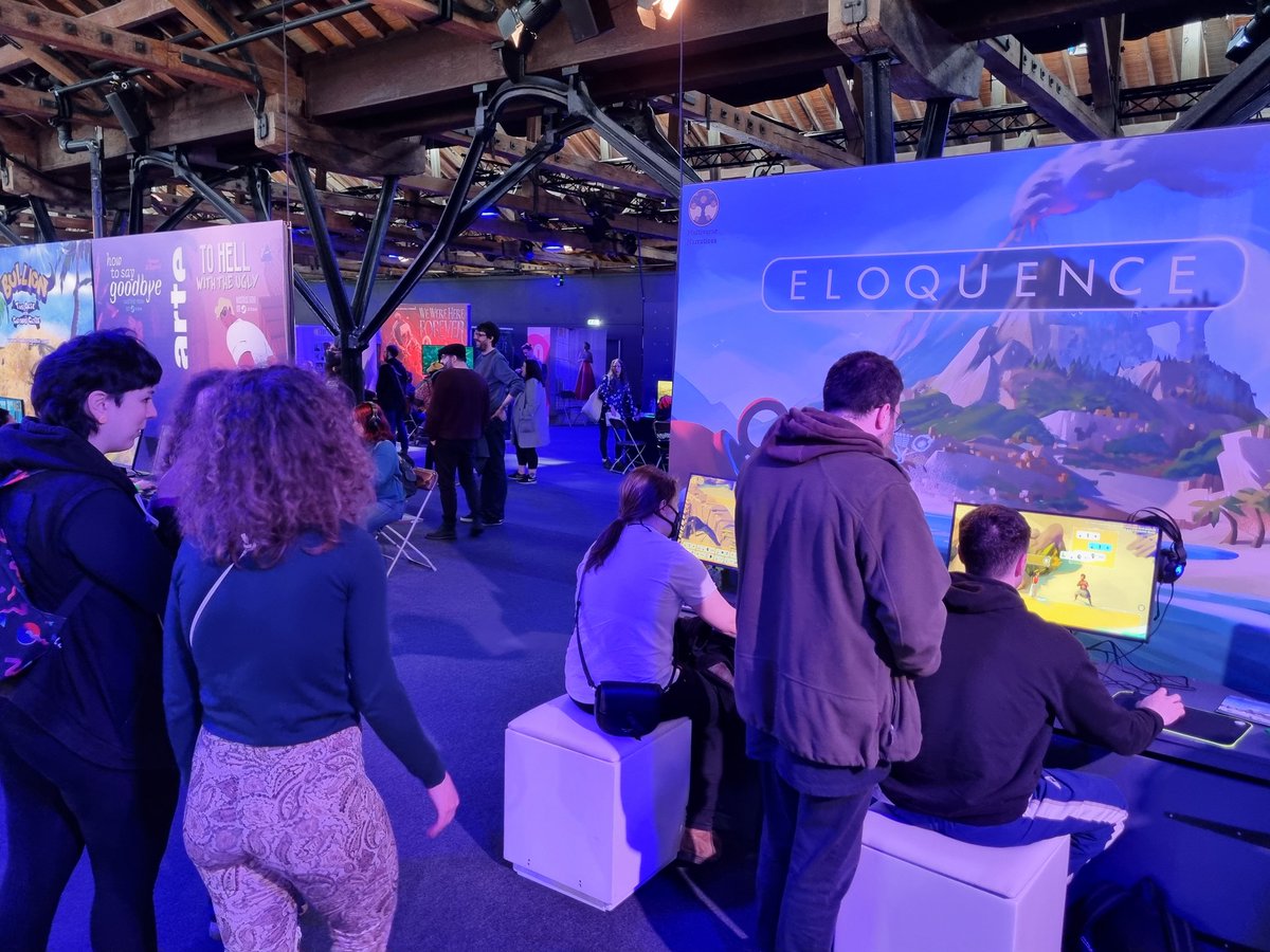 GameEloquence's tweet image. Players are gathering around the Eloquence booth! Have YOU played the demo yet? Try it today, on the final day of @WASDlive_!