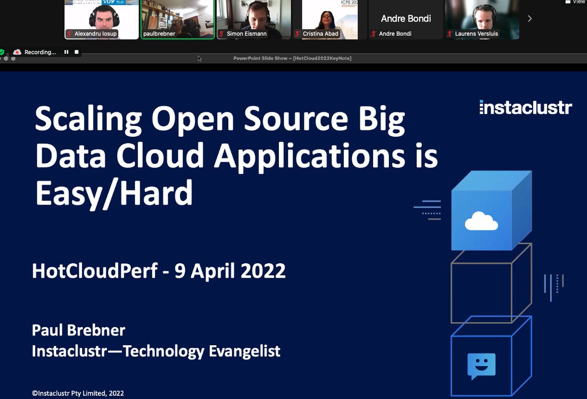 AIosup's tweet photo. @Paulbrebner_ talks about scaling data operations in cloud environments, why it's both an easy task and a difficult challenge, during #HotCloudPerf @ICPEconf. https://t.co/4t6v1i3AB5