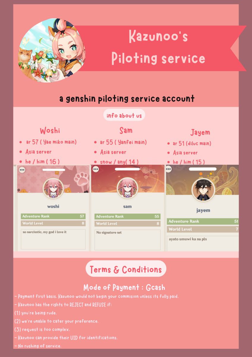 _kazunoo's tweet photo. HI ! we're offering genshin piloting services for affordable prices. kazunoo trio will make sure your account is safe and sound while doing the commissions ♡.
https://t.co/MXu5Y7roke https://t.co/fsZsadK1Oq