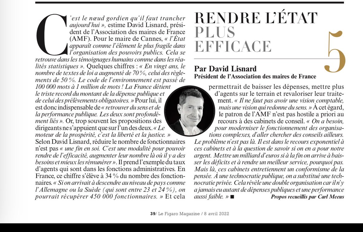 « Réduire le nombre de fonctionnaires, n’est pas une fin en soi. C’est une modalité pour pouvoir rendre de l’efficacité, augmenter leur nombre là où il y a des besoins et mieux les rémunérer » ⁦<a href="/davidlisnard/">David Lisnard</a>⁩