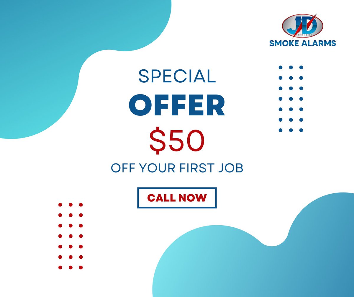 NEW LOCAL BUSINESS OFFER
GET YOUR SMOKE ALARMS UP TO CODE
JD Smoke Alarms right now to keep your family and home secure: 
Get a free quote right now! 
 Call 0411 798 012 
Email : info@jdsmokealarms.com.au
#specialoffer #Newlocalbusinessoffer