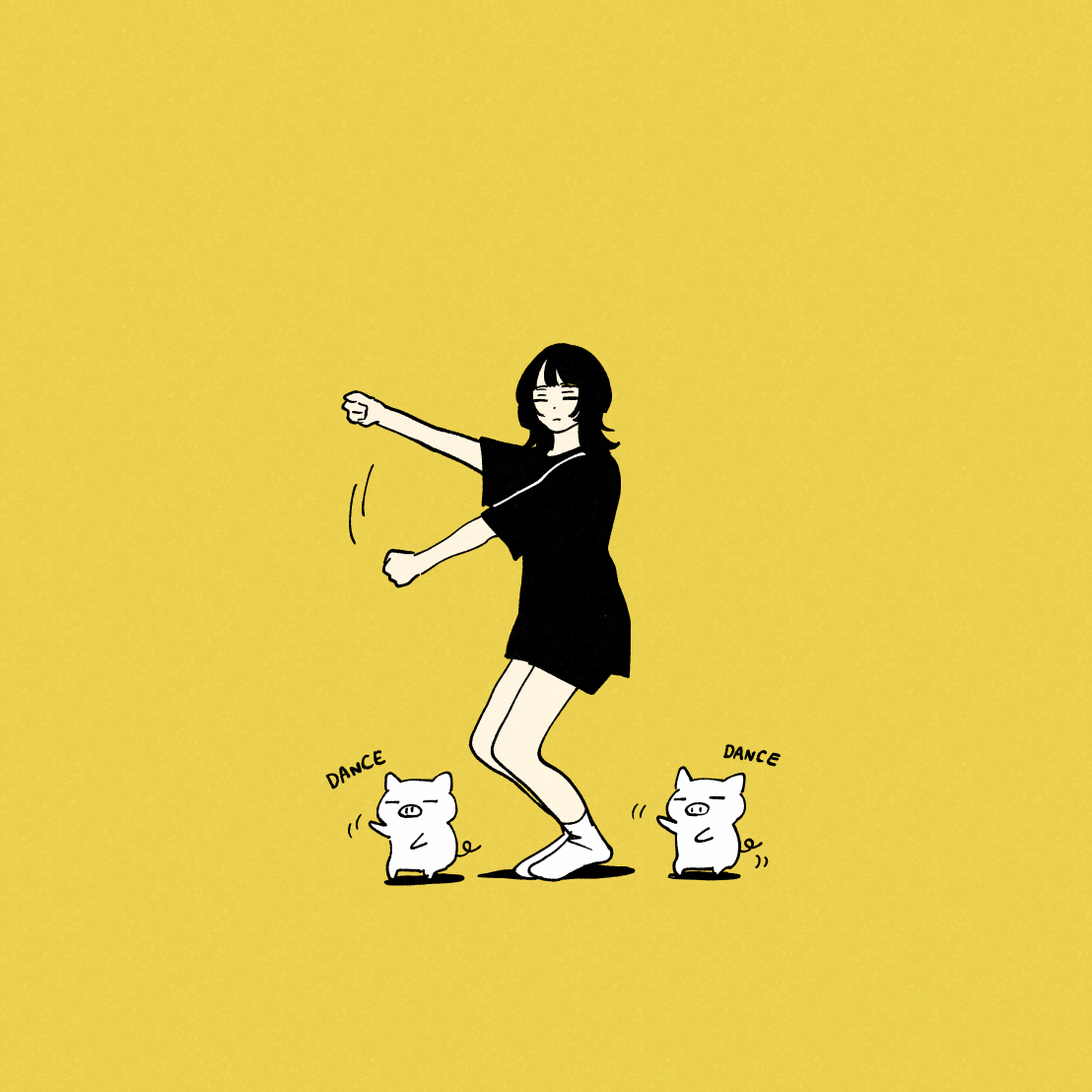 1girl black hair simple background black shirt yellow background socks shirt  illustration images