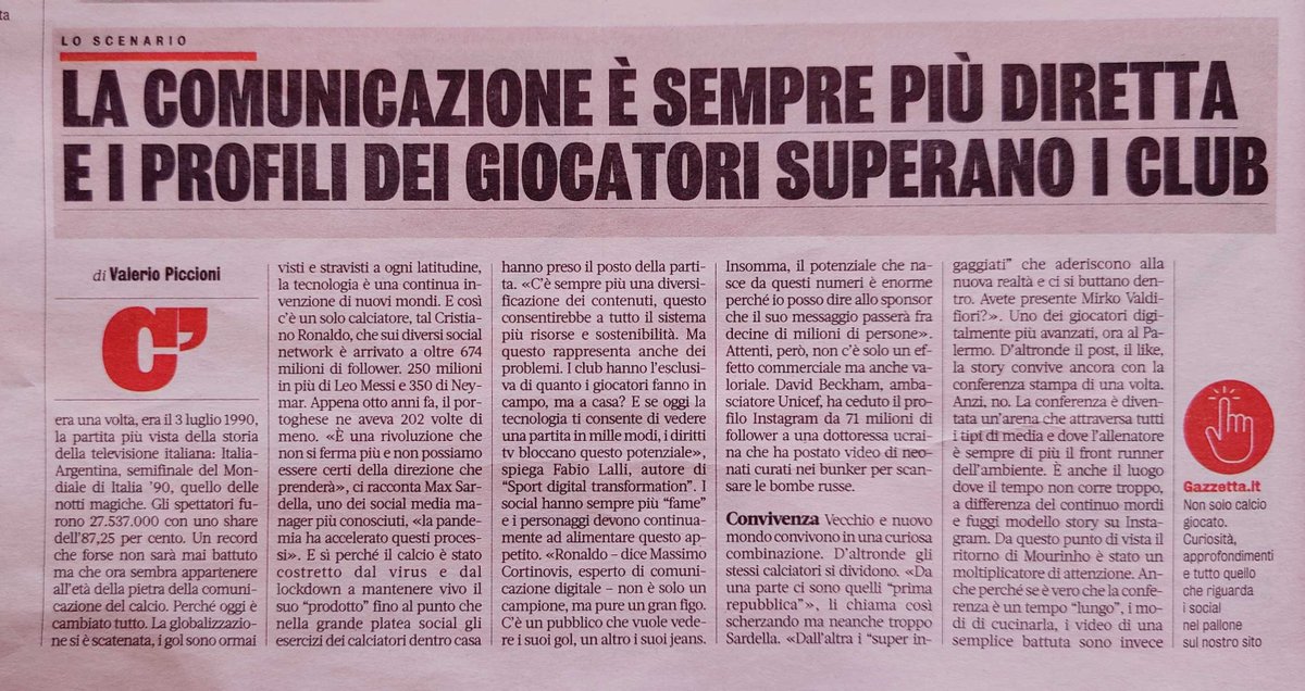 IQUIISport's tweet photo. Oggi su @Gazzetta_it la riflessione sul valore del rapporto diretto con i tifosi per soddisfare il loro desiderio costante di contenuti digitali e la sottolineatura di @FabioLalli sull'opportunità per i club nel dotarsi di una piattaforma proprietaria.
#SportDigitalTransformation https://t.co/7tutewbeGe