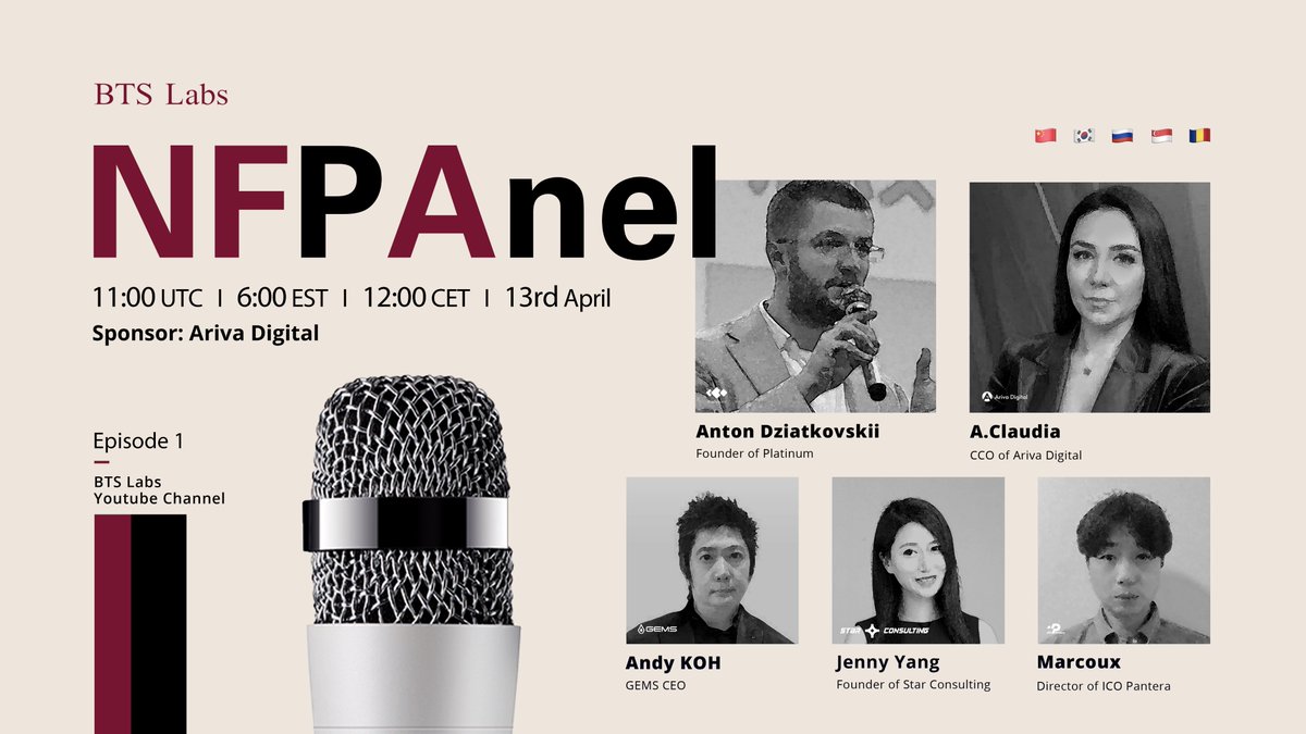 btslabs_global's tweet photo. 🎥BTS #NFPAnel #1 with @antondzyatkovsk @thegemsceo @Jennyblockglobe @ClaudiaTapardel Marcoux

🕙11:00 UTC, Apr 13rd
🏛Venue https://t.co/2GS205aaQk

💰$2000 ARV 
1. Follow @btslabs_global &amp;👆guests
2. RT &amp; tag 3 friends &amp; Join https://t.co/MWRVTv5bdW
3. Cmt with your questions👇 https://t.co/c4KQ9YIZmI