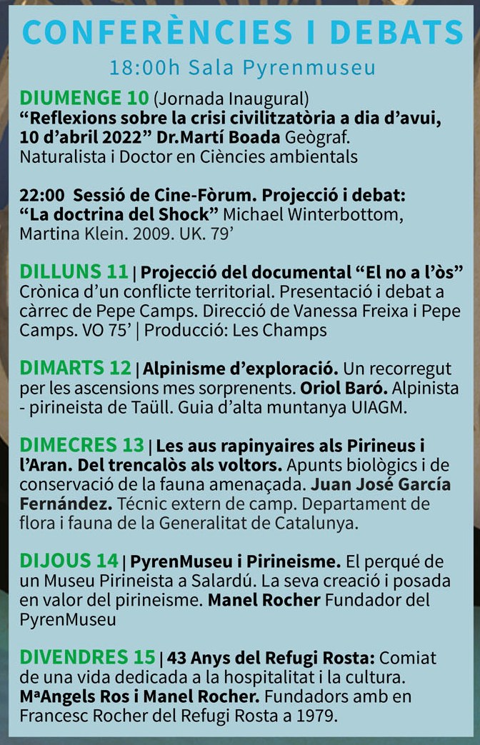 PyrenMuseu's tweet photo. Deman tàs 18 h auem eth plaser de daurir Pyrenades 2022 damb eth Dr. Marti Boada.
Despùs ,tàs 20:30 h passavila de música tradicionau a càrrec de "Ribatonics" e tàs 22 h. Cine-Fòrum damb era projecció de "La doctrina del shock " de Martina Winterbottom - Martina Klein https://t.co/MMQGiHmrkS