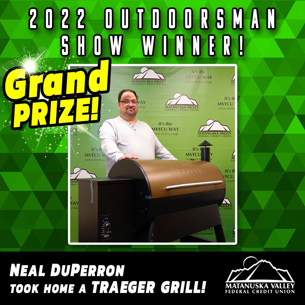 MVFCUak's tweet photo. Congratulations to Neal!
He won the Traeger Grill at the Mat-Su Outdoorsman show.

 #MVFCUway #mvfcu #hawaii #waipahu #907 #alaska https://t.co/fkREunlQ63