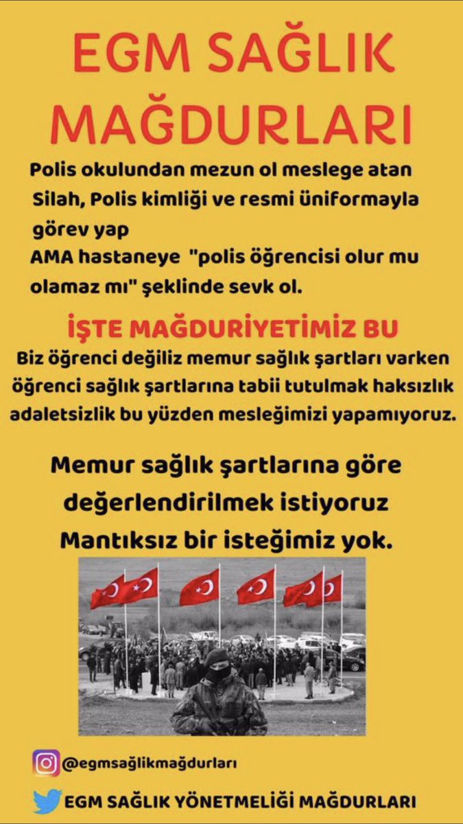 EGM sağlık yönetmeliği mağdur yüzlerce genç mesleğe tekrar dönmek istiyor bu konu da sesimizi duyun <a href="/suleymansoylu/">Süleyman Soylu</a> #Polislerseçimibekliyor