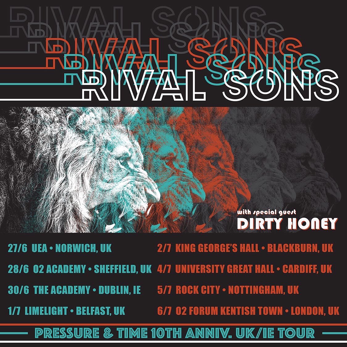 Pleased to announce @DirtyHoneyBand are joining us for UK & Ireland shows this summer + Sweden & Denmark. Looking forward to it - have really missed our UK & EU fans, friends & touring. Feels great to celebrate 10th anniv of Pressure & Time with you, the ppl who put it on the map