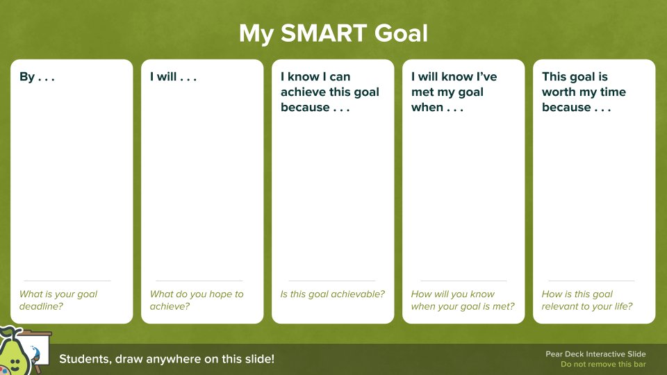 PearDeck's tweet photo. Teaching students how to set SMART goals helps them develop a sense of resiliency and confidence in their own potential. 🧠💡💪 

Help your students set their sights on greatness with these new #PearDeck Templates for SMART Goals! Download here 👉 https://t.co/41UGGm9Xze https://t.co/QoPqiovXDF