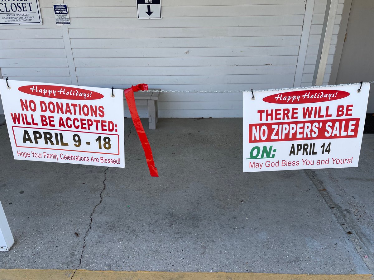 The Zippers Thrift Shop is closed for Holy Week. Please hold your donations until after Easter.