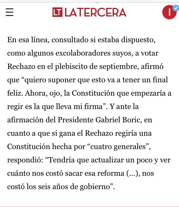 Al menos 3 mensajes de Presidente <a href="/RicardoLagos/">Ricardo Lagos E.</a> #ConvencionConstituyente
1- Opción Rechazo cruzó barrera de la derecha. Hoy es sentido común o Constitución "inadecuada"
2- Es “mi Constitución” no la de 4 generales
3- Trascendencia de la Constitución exige debate y amplio respaldo