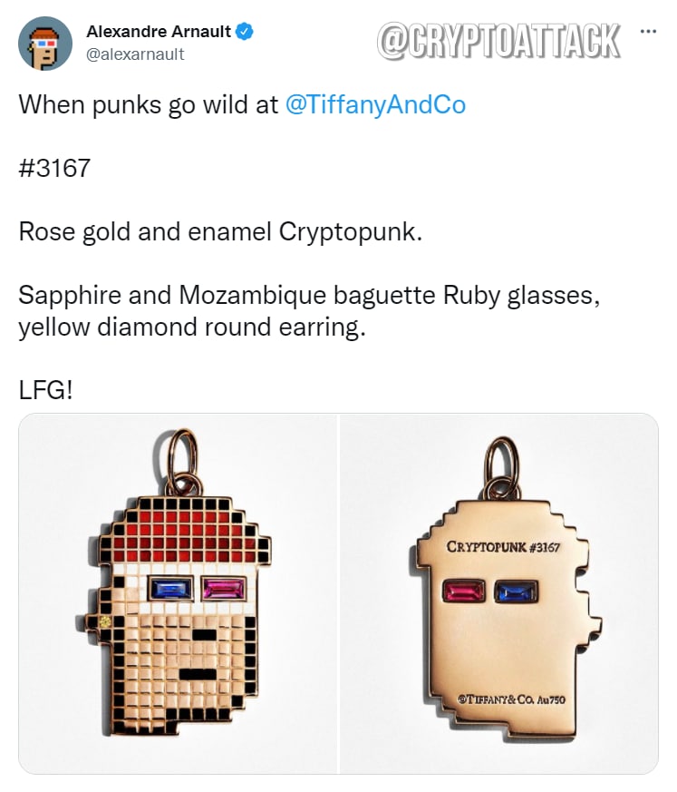 smart_tron_nft's tweet photo. The head of Tiffany Alexandre Arnaud showed a jewelry piece based on his personal CryptoPunks #3167. https://t.co/q6ikv7dghd