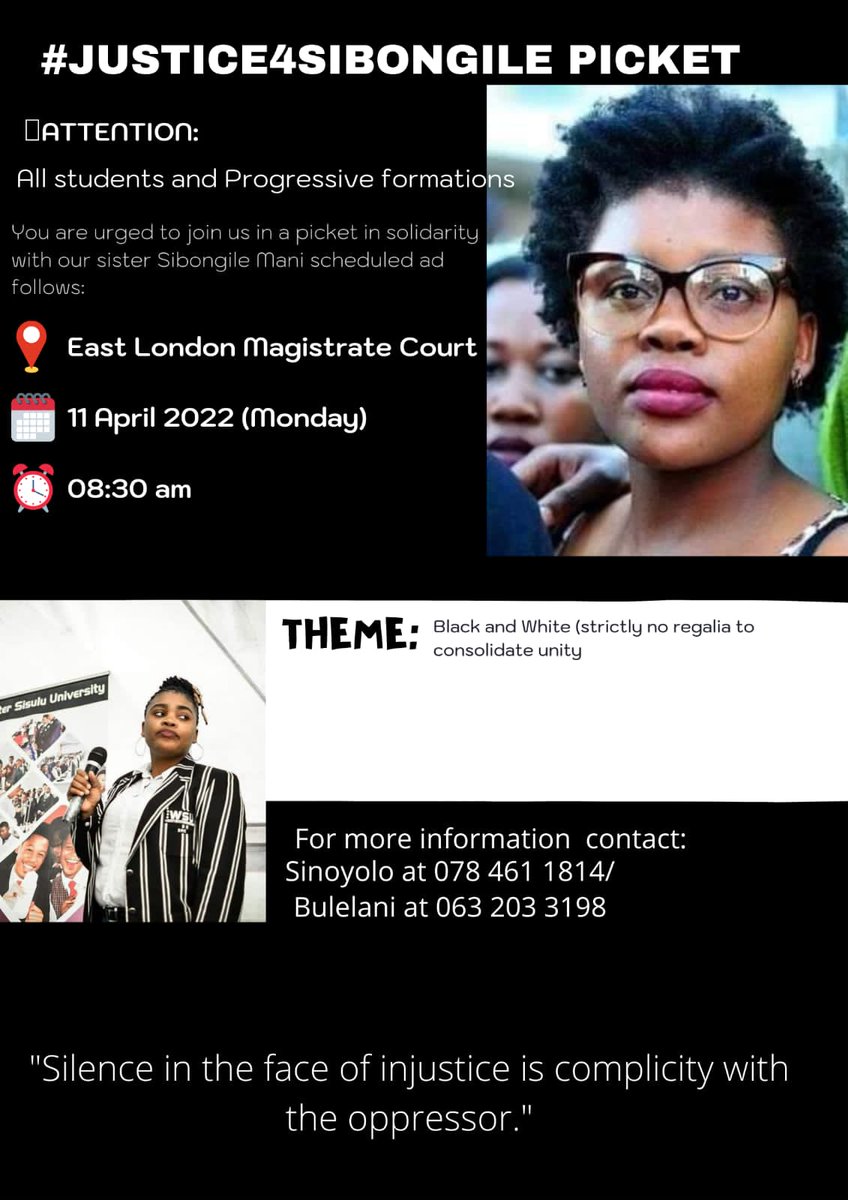 On Monday 11th April we will be at EL seeking justice for Sibongile Mani