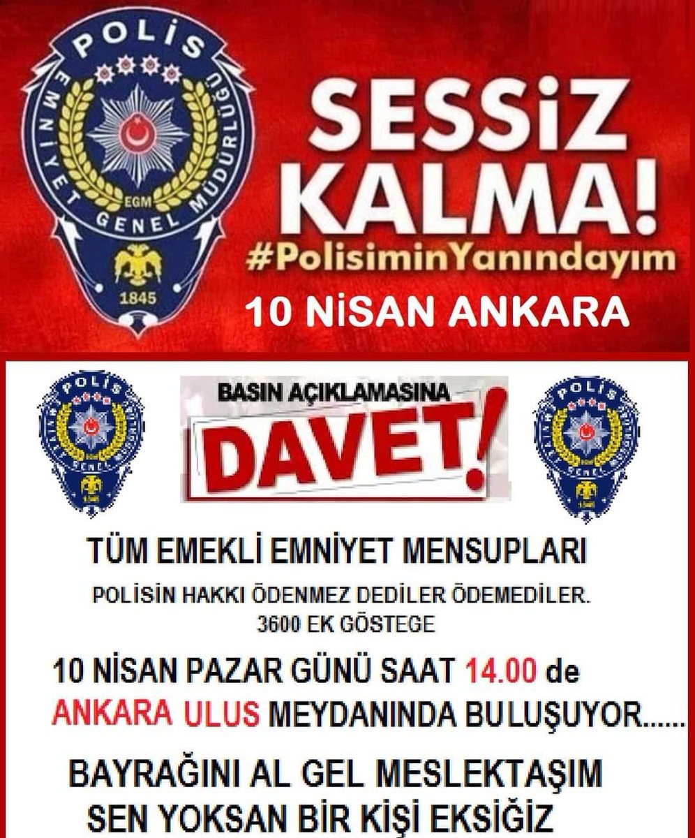Polise3600's tweet photo. Tüm Emekli Emniyet Mensupları 10 Nisan 2022 Pazar günü saat:14:00 te ANKARA Ulus Meydanında buluşuyor.
#10NisanAnkaraBuluşması
#10NisanPolisHaftası 
#Polislerseçimibekliyor
@iyiparti @herkesicinCHP @SaadetPartisi @demokrat @GelecekPartiTR @devapartisi @Akparti @MHP_Bilgi @tbmm https://t.co/m5TAvOHTOW