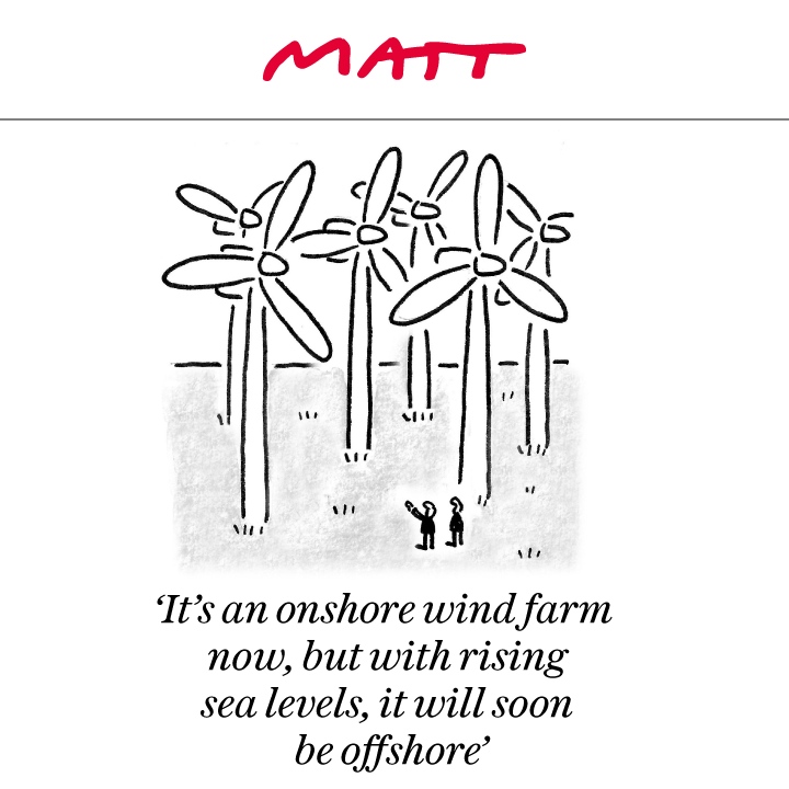 MattCartoonist's tweet photo. My latest cartoon for tomorrow's @Telegraph 

'It's an onshore wind farm now, but with rising sea levels, it will soon be offshore'

Subscribe to my weekly newsletter to receive my unseen cartoons: https://t.co/JNDhrYJMFH https://t.co/BNIYnqeAU4