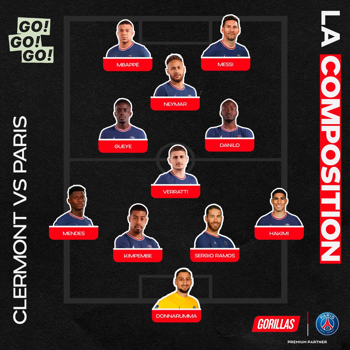 gorillasapp_fr's tweet photo. 🚨 Le XI du Paris Saint-Germain pour affronter Clermont ! ❤️💙 https://t.co/wsBH1Gm6Db