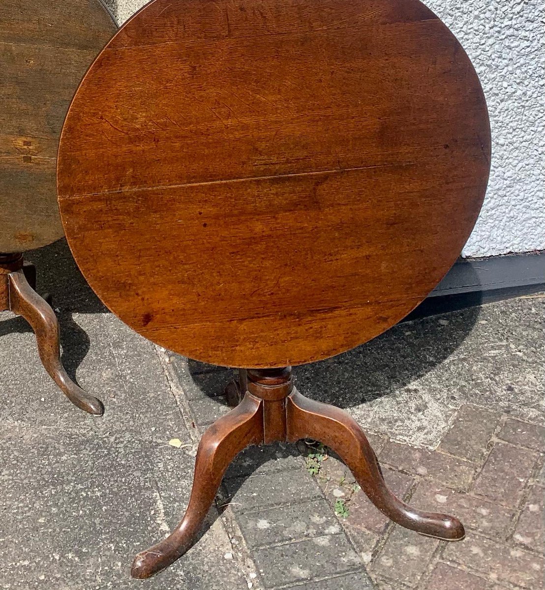 A couple more tilt tops accidentally purchased today. Honestly. My wallet just feel out & they jumped into the car 😉 nice early Georgian examples. #antiques #tilttoptable #restoration #workshop