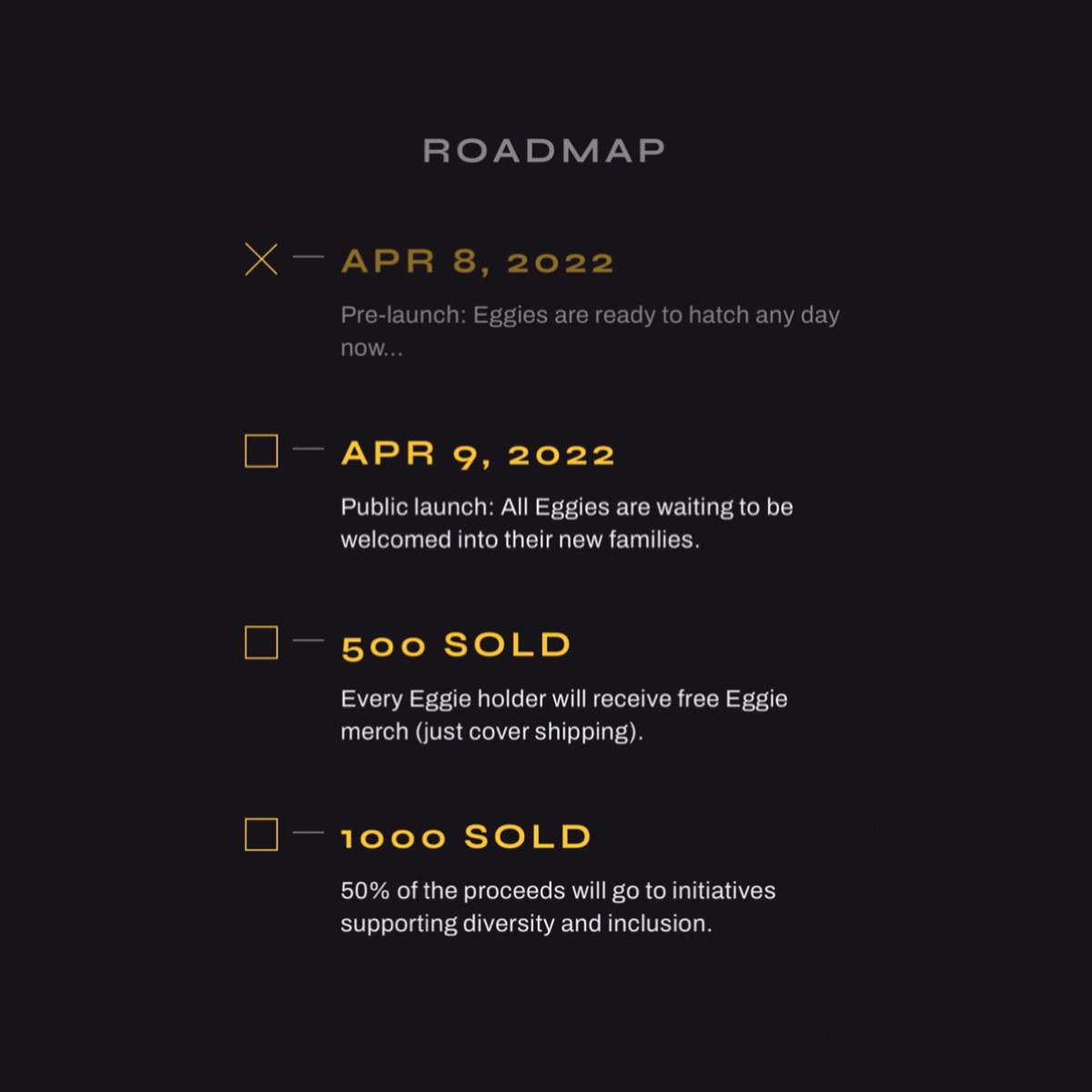 EggiePlanet's tweet photo. In case you’re curious about our roadmap 🚀 Merch and initiatives will be community-driven once we reach these milestones 🙌 

#nft #nftart #nftcommunity #nftartist #nftdrop #nftroadmap #nftnews https://t.co/03NfGtZ7xx