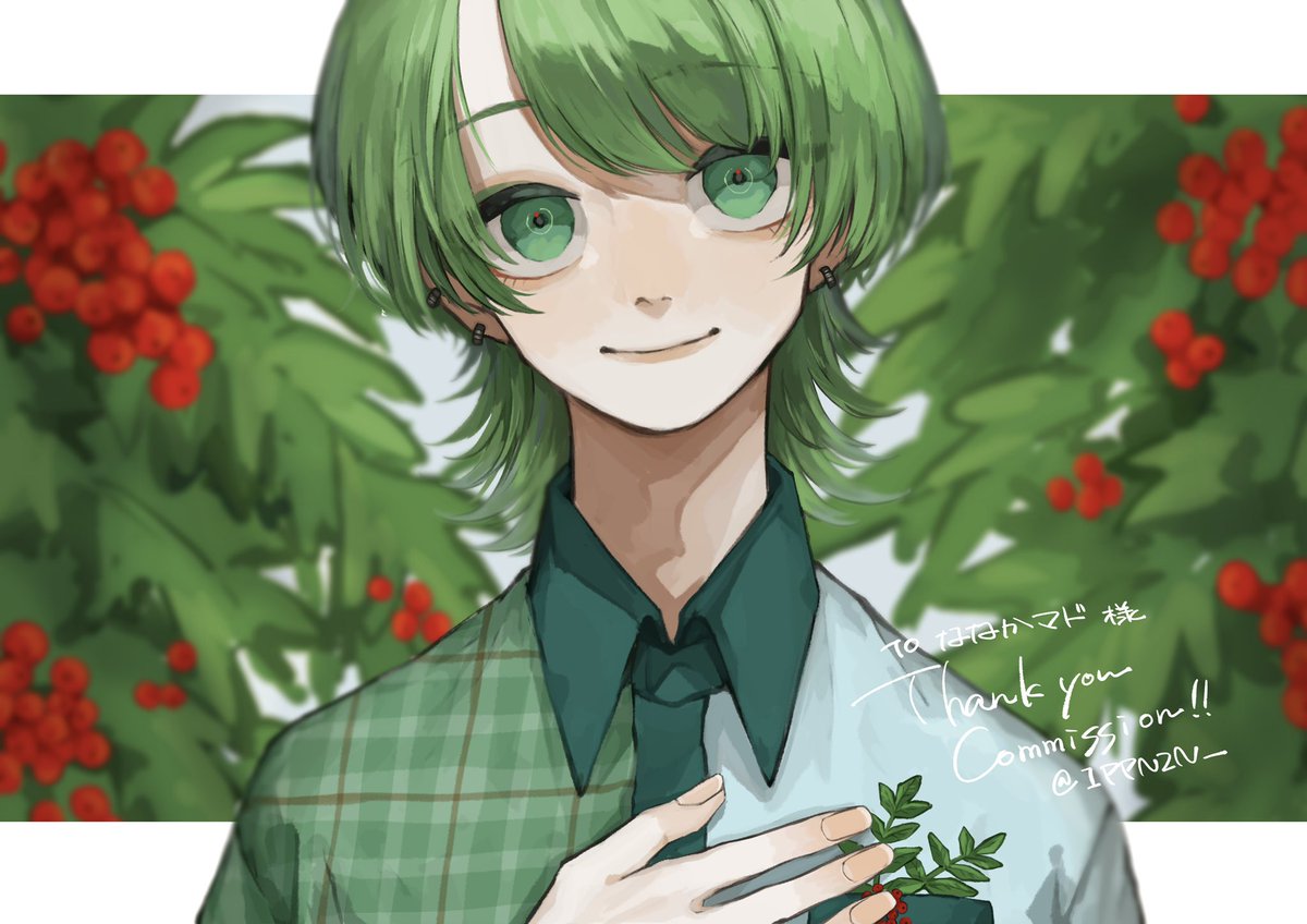 green hair solo green eyes shirt 1boy smile male focus  illustration images