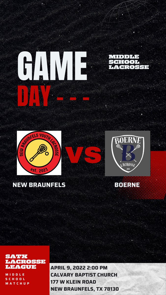 newbraunfelslax's tweet photo. Middle School Gameday!
📍https://t.co/mfbeD2xkB4
🎟Free
⏰2pm
Come cheer us on as we take on our Boerne! See y’all there!
#nbyl #nbtx #newbranfels #comal #lax #lacrosse #gameday @CanyonLacrosse @svlaxclub @BoerneLax https://t.co/0a4AOLPQHH