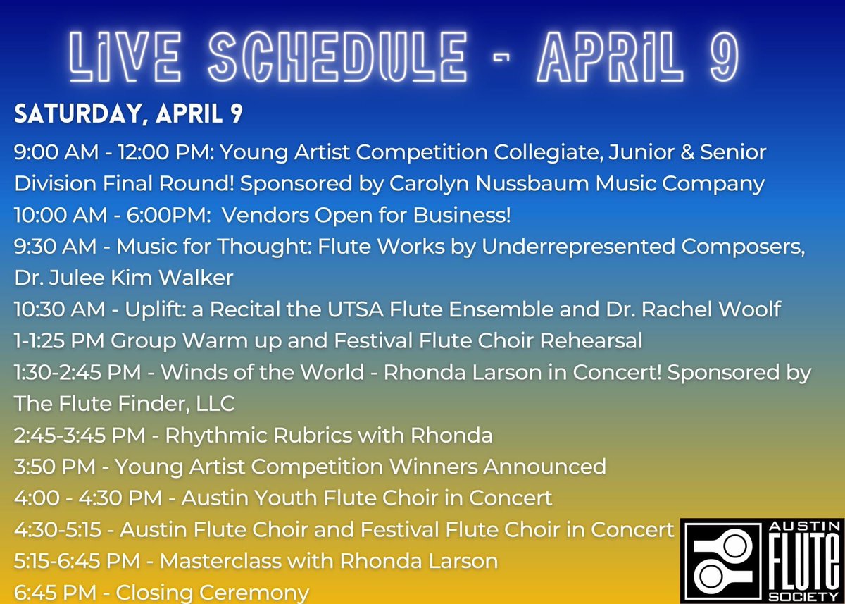 AustinFluteSoc's tweet photo. THE FUN CONTINUES TODAY! We want to thank everyone who has participated and presented during our festival so far. We had a fantastic time yesterday and can't wait for today's main events! https://t.co/y7Y3oMuXIl