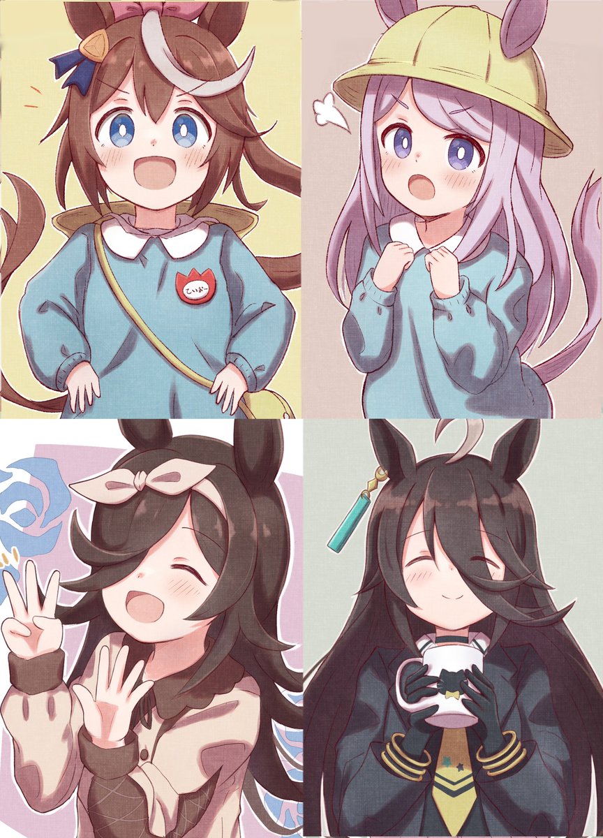 manhattan cafe (umamusume) ,mejiro mcqueen (umamusume) ,rice shower (umamusume) ,tokai teio (umamusume) animal ears horse ears multiple girls tail hat brown hair smile  illustration images