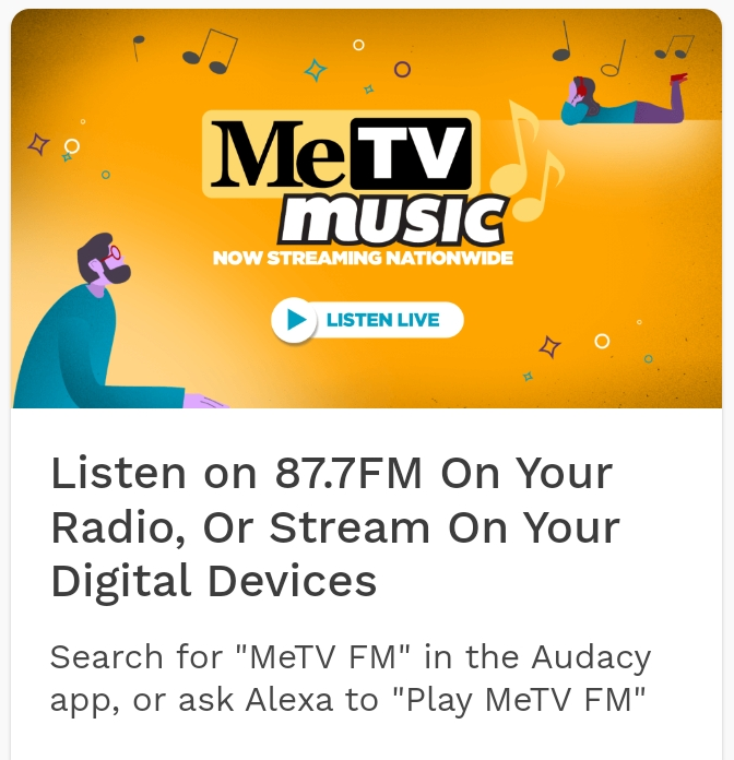 VenusInMomJeans's tweet photo. You can listen to Timeless and Memorable music of @MeTVFM:
- on the #radio in Chicago at 87.7FM;
- and streaming online through Audacy at https://t.co/fBT7nll9Ay;
- or ask Google or Alexa to "Play Me TV FM" https://t.co/ZrV7ikCoB4