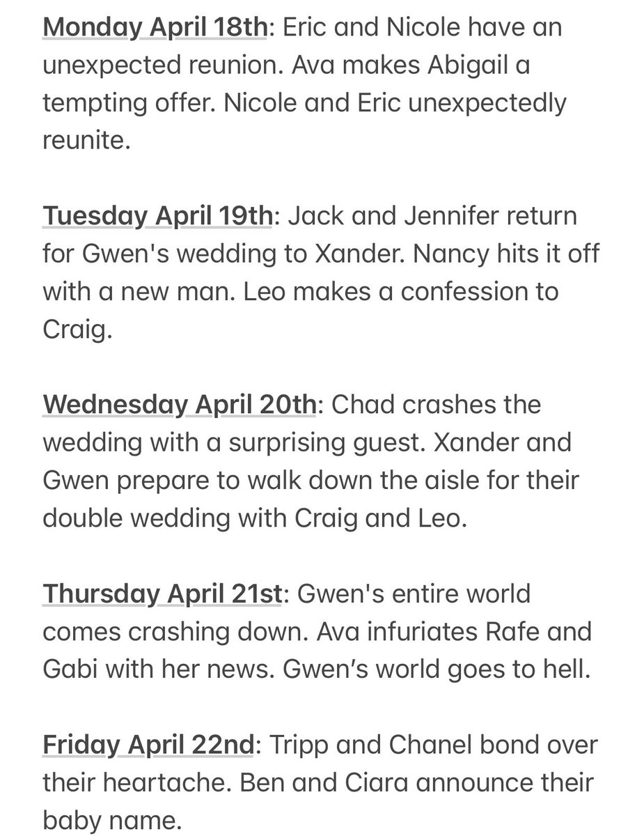 SaraCiuzio's tweet photo. #Days Early Week of April 18th Dated Spoilers #Ericole #Rava #Chabby #JnJ #Xwen #Gander #Crancy #Creo #Xwen #Gander #Xarah #Tallie #Janel #Challie #JoDevil #AlDevil #Cin #BenNCiara #CinFamily https://t.co/V46uz5bHAV