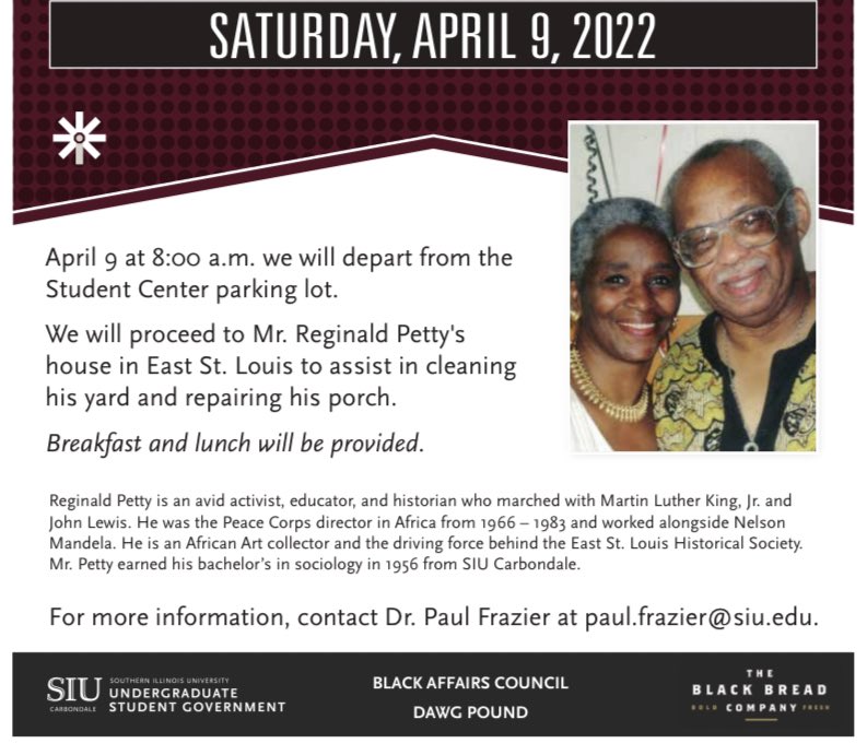 9 SIU Students including myself are in route to East St Louis to assist a member of our Saluki family. At SIU we believe in Salukis supporting Salukis, because we are all family! Go Dawgs!
<a href="/SIUC/">SIU Carbondale</a> <a href="/SIU_DawgPound/">SIU Dawg Pound</a> <a href="/usg_siu/">SIU Student Govt.</a> <a href="/BAC_SIUC_/">Black Affairs Council (BAC)</a> <a href="/ExSci_SprtAdSIU/">SIUC Exercise Sci. & Sport Ad.</a> @SIUDeanStudents <a href="/SIUChancellor/">Chancellor Austin A. Lane</a>
